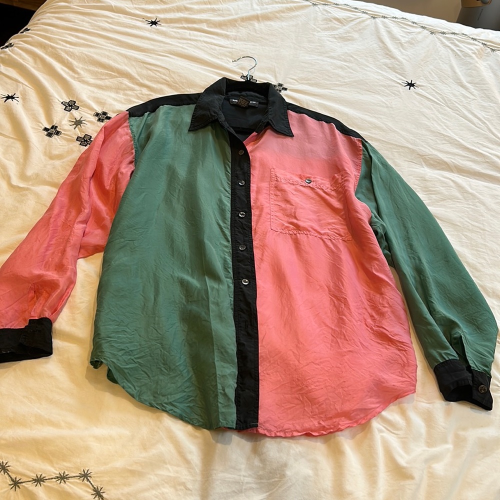 Beautiful 1980’s Vintage Colorblock Silk Button Down Top Large